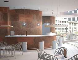 Restaurant with curved walls featuring stone veneer from suppliers in India